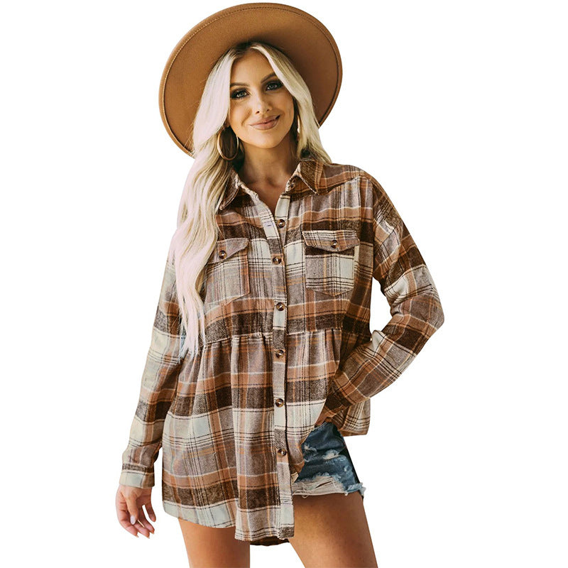 Wholesale Polyester Women's Tops Lapel Long Sleeve Pocket Casual European and American Plaid Shirt